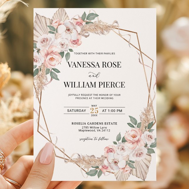 Blush Pampas Grass Boho Wedding Gold Geometric  Invitation (Creator Uploaded)