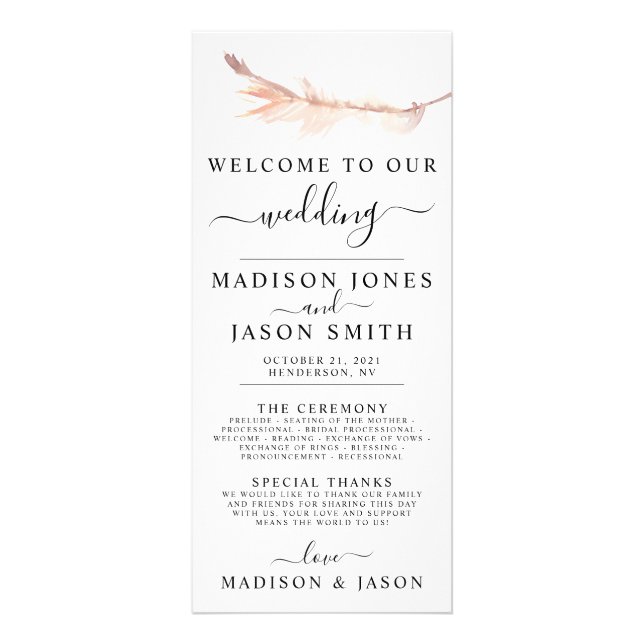 Blush Pampas Grass Minimalist Wedding Program Rack Card (Front)