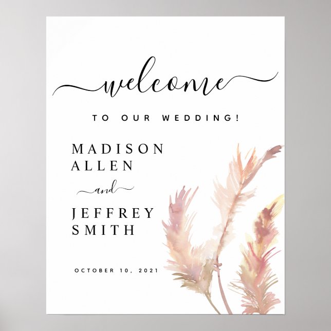 Blush Pampas Grass Minimalist Wedding Welcome Sign (Front)