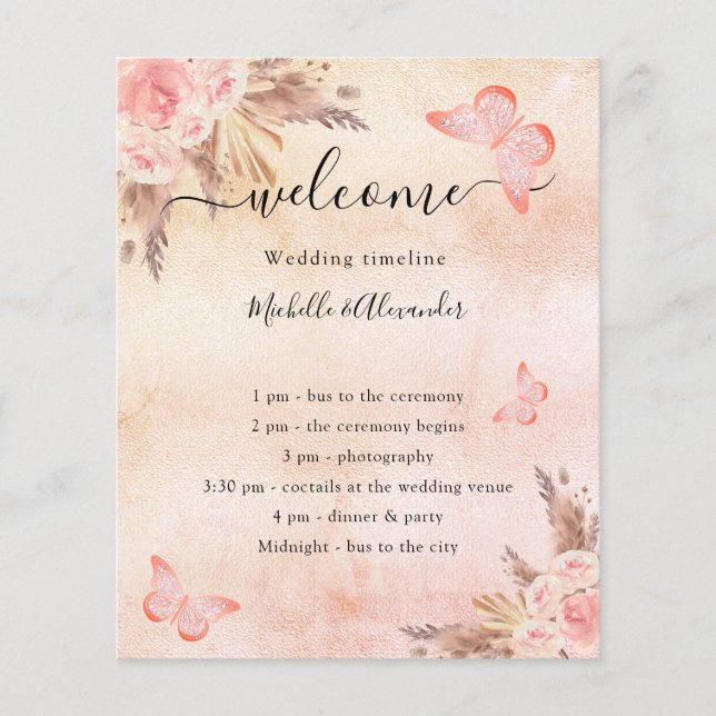 Blush pampas grass rose butterfly wedding program (Front)