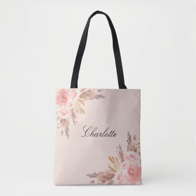 Blush pampas grass rose gold flowers name tote bag (Front)