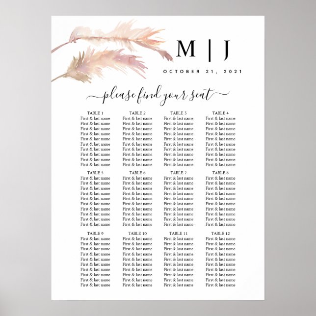 Blush Pampas Grass Wedding Seating Chart (Front)
