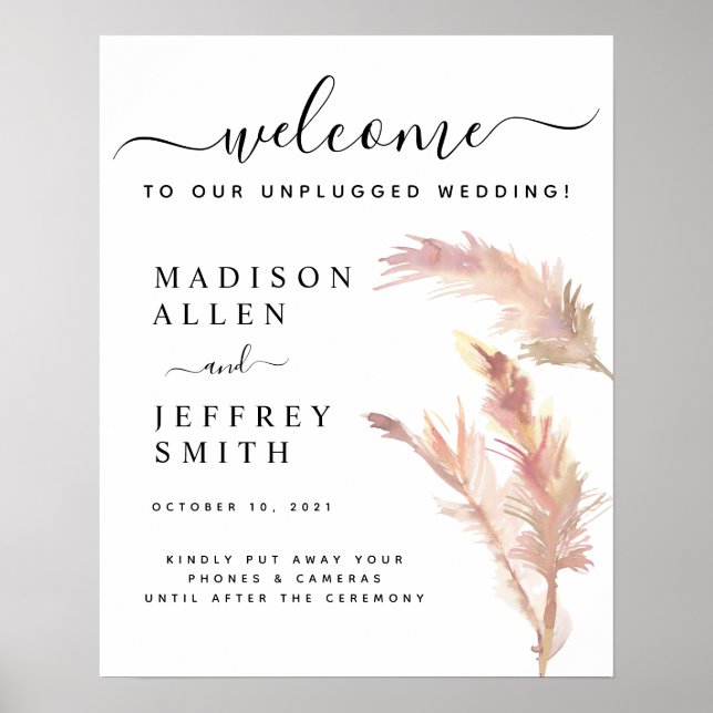 Blush Pampas Grass Wedding Unplugged Welcome Sign (Front)