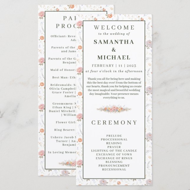 Blush Pastel Flowers Tiny Floral Wedding Program Menu (Front/Back)