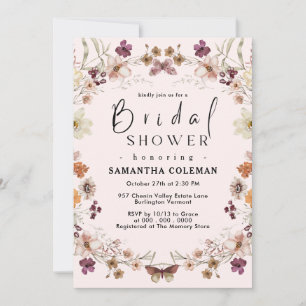 Blush Pastel Wildflower Modern Boho Bridal Shower Invitation