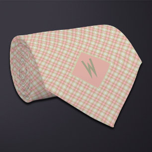 Blush Peach and Green Plaid Monogram Tie