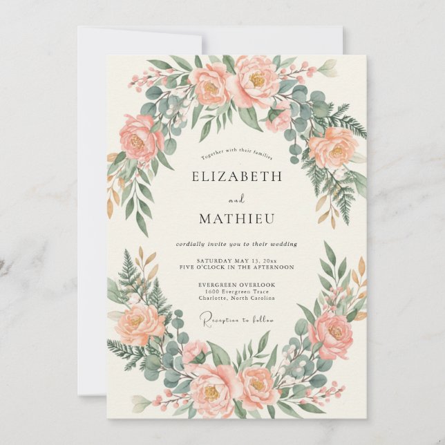 Blush Peach Arch Eucalyptus Wedding Invitation (Front)