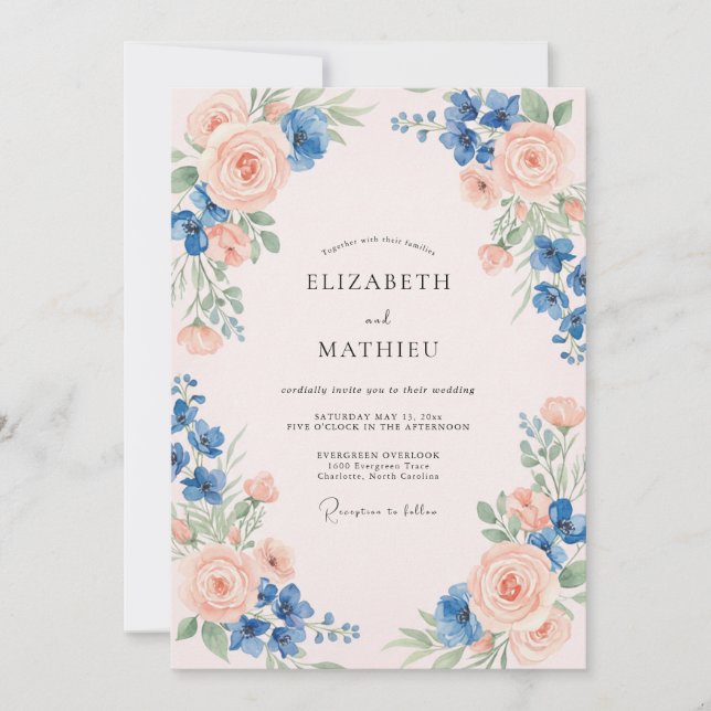 Blush Peach Azure Leafy Wedding Invitation (Front)
