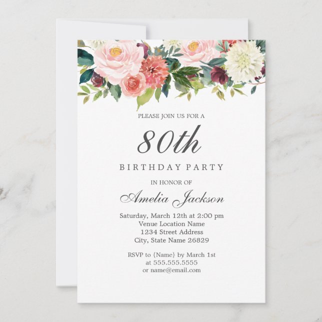 Blush Peach Botanical Floral 80th Birthday Invitation (Front)