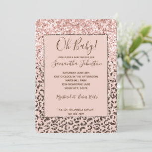 Blush Peach Brown Leopard Glitter Baby Shower Invitation