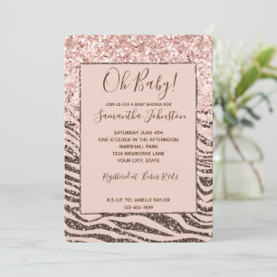 Blush Peach Brown Zebra Glitter Baby Shower Invitation