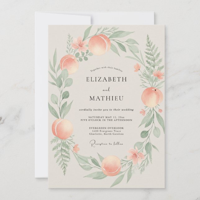Blush Peach Celadon Wreath Wedding Invitation (Front)