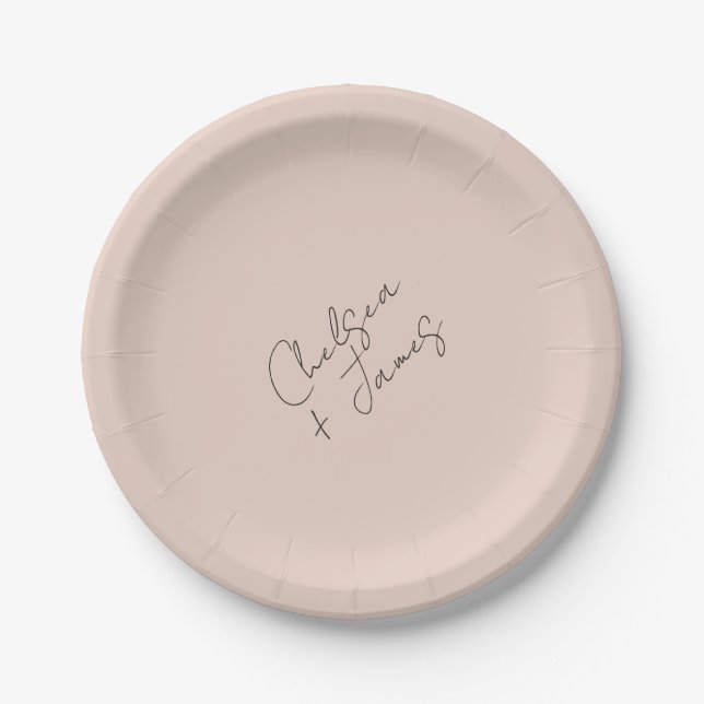 Blush Peach | Chic Script Minimalist Wedding  Paper Plate (Front)