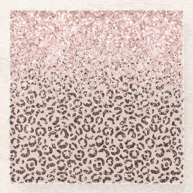Blush Peach Chocolate Brown Leopard Glitter    Glass Coaster (Front)