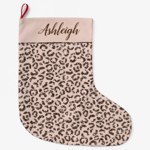 Blush Peach Chocolate Brown  Leopard Glitter  Large Christmas Stocking