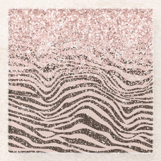 Blush Peach Chocolate Brown Zebra Print Glitter    Glass Coaster (Front)