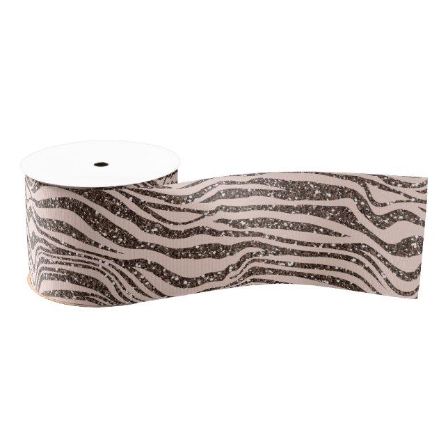 Blush Peach Chocolate Brown Zebra Print Glitter    Grosgrain Ribbon (Spool)