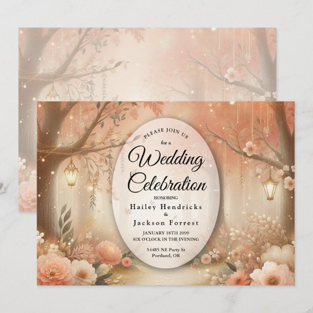 Blush Peach Enchanted Forest Lantern Wedding Invitation (Front/Back)
