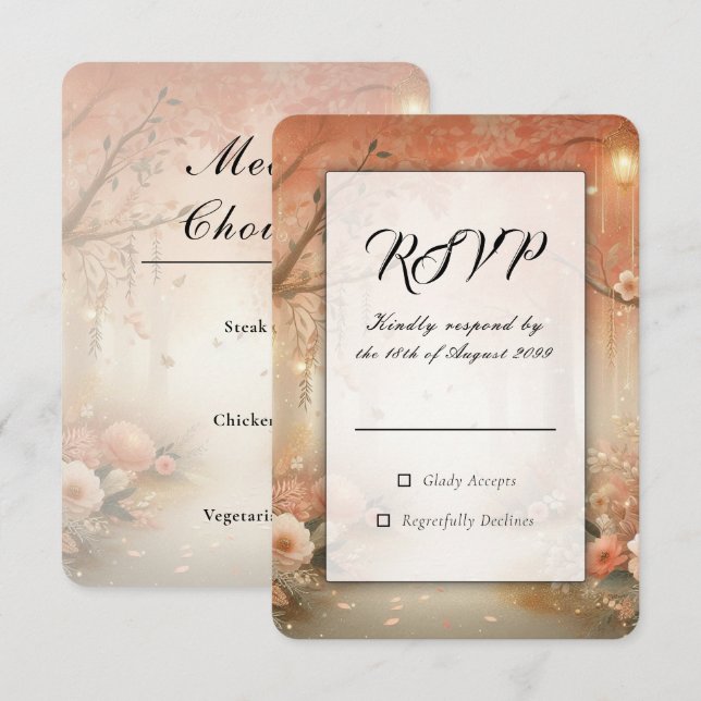Blush Peach Enchanted Forest Lantern Wedding RSVP Card (Front/Back)
