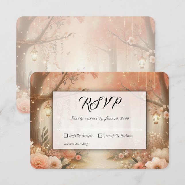 Blush Peach Enchanted Forest Lantern Wedding RSVP Card (Front/Back)