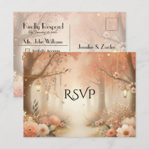 Blush Peach Enchanted Forest Lantern Wedding RSVP Invitation Postcard