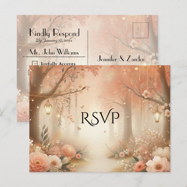 Blush Peach Enchanted Forest Lantern Wedding RSVP Invitation Postcard (Front/Back)