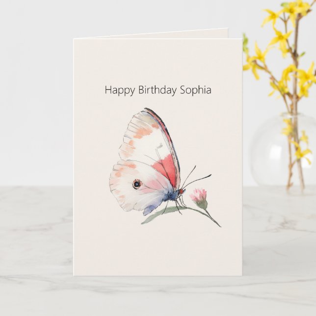 Blush Peach Floral Butterfly Birthday Card (Yellow Flower)