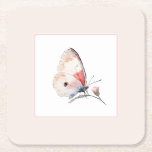 Blush Peach Floral Butterfly Forever Wedding Square Paper Coaster