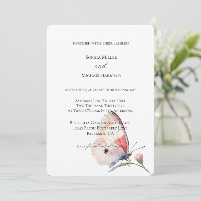 Blush Peach Floral Butterfly Wedding Invitation (Standing Front)