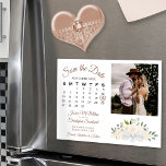 Blush Peach Floral Calendar & Photo Save the Date Magnetic Invitation<br><div class="desc">This beautiful magnetic card is a wonderful way to let your friends and family know to Save the Date for your upcoming wedding. The rustic boho chic design features with a cluster of hand painted watercolor roses and blossoms in shades of champagne blush or very pale peach. The left side...</div>