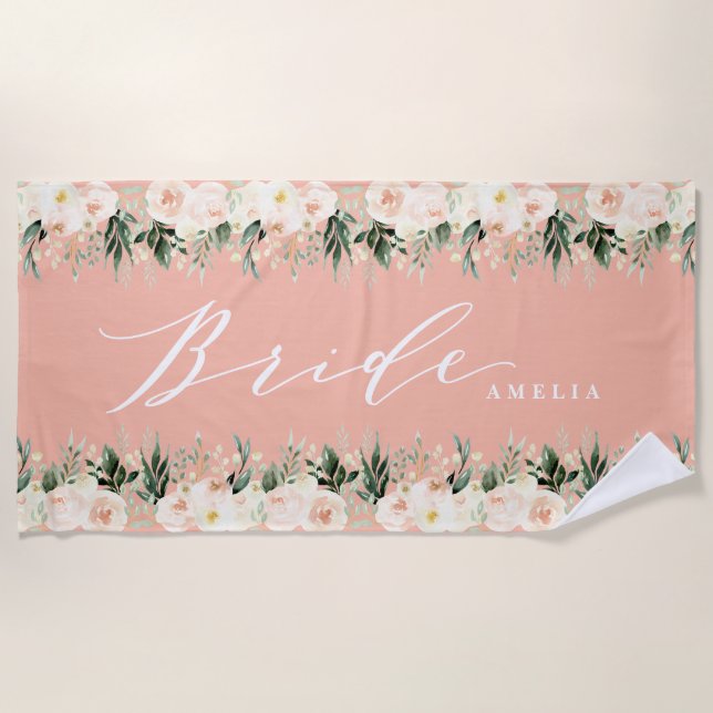 Blush peach floral + foliage personalized wedding beach towel (Front)