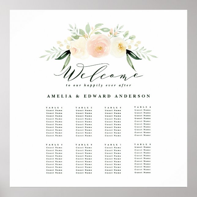 Blush, peach floral + foliage wedding seating plan poster (Front)