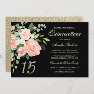 Blush Peach Floral Gold Glitter Quinceanera Invitation