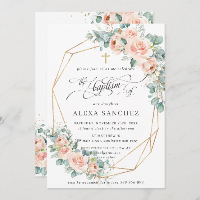 Blush Peach Floral Greenery Baptism Geometric Invitation (Front/Back)