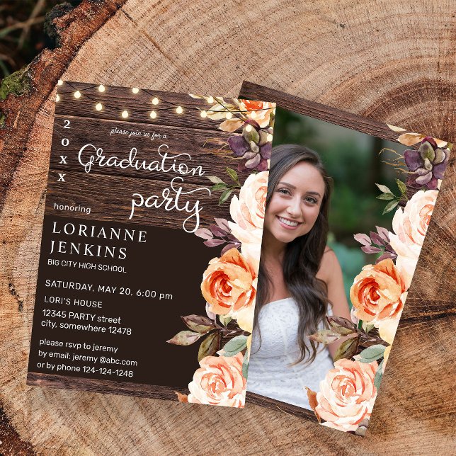 Blush & Peach Floral Rustic Graduation Photo v2 Invitation (Creator Uploaded)