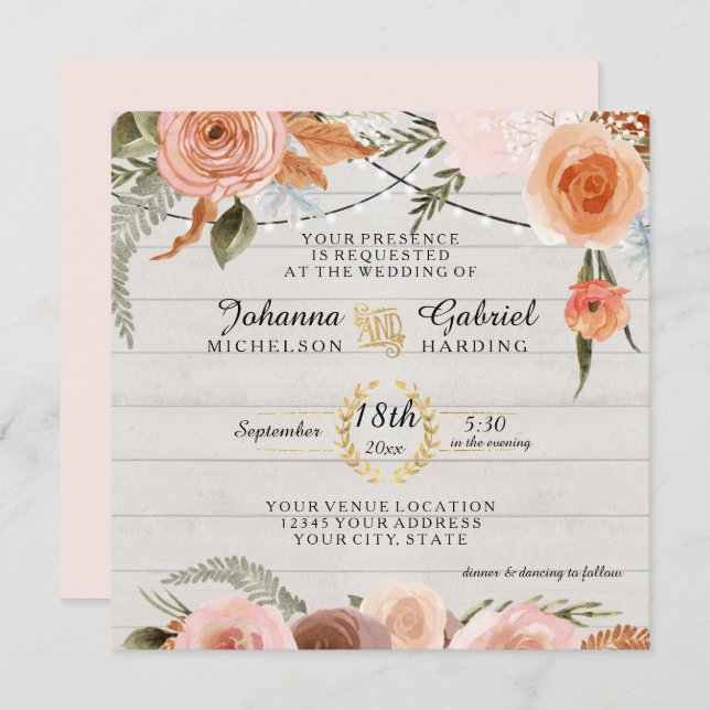 Blush Peach Floral Rustic White Wood Leaf Foliage Invitation (Front/Back)