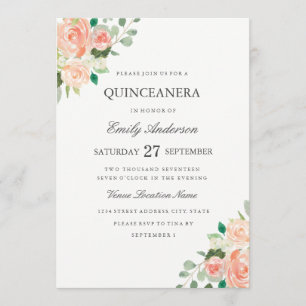 Blush Peach Floral Watercolor Quinceanera Invite