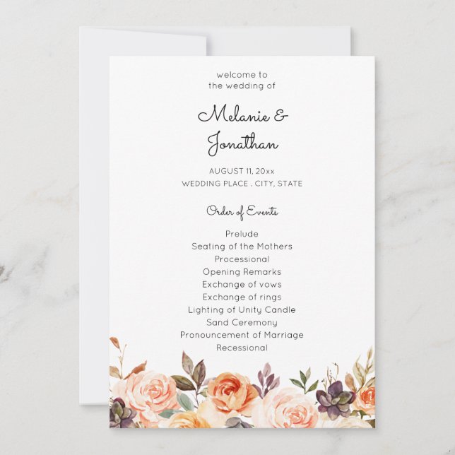 Blush & Peach Floral Wedding Ceremony Program Invitation (Front)