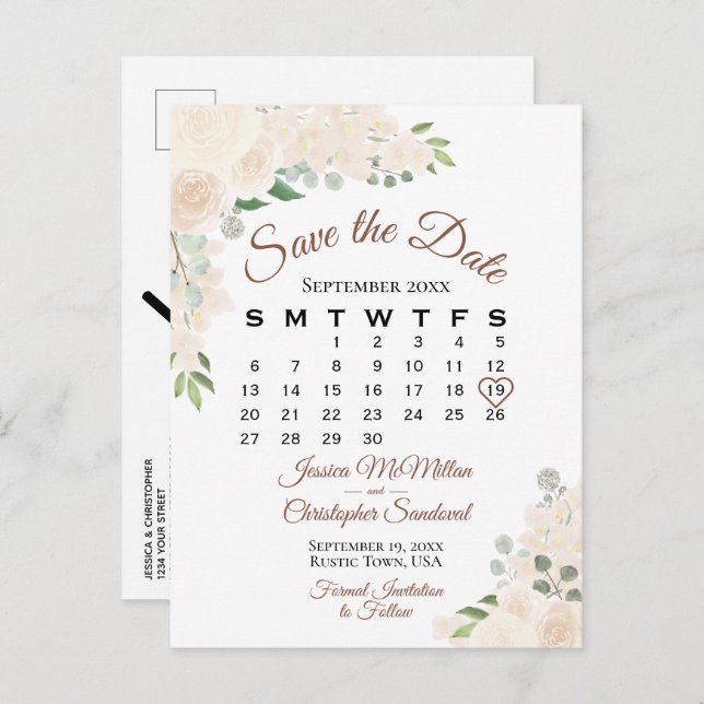 Blush Peach Floral Wedding Save the Date Calendar Announcement Postcard (Front/Back)