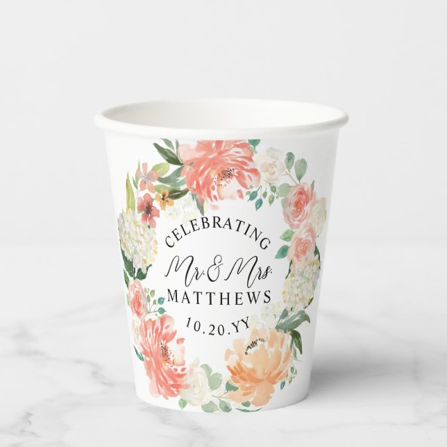 Blush Peach Floral Wreath Bride and Groom Wedding Paper Cups (Front)