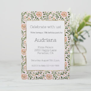 Blush Peach Flowers Green Leaves Birthday Invitation