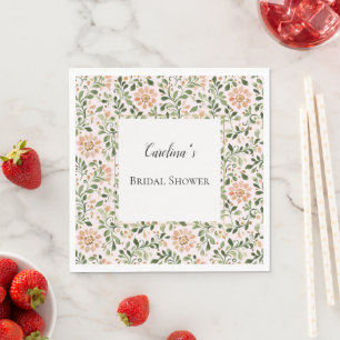 Blush Peach Flowers Green Leaves Bridal Shower Napkin