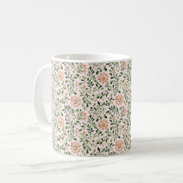Blush Peach Flowers Green Leaves Coffee Mug (Front Left)