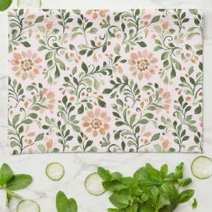 Blush Peach Flowers Green Leaves Tea Towel