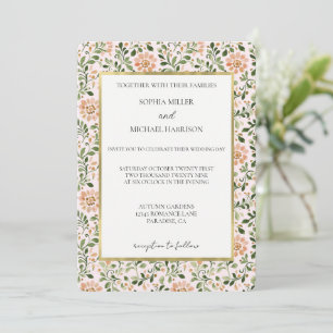 Blush Peach Flowers Green Leaves Wedding Invitation