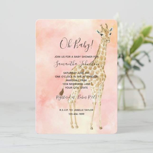 Blush Peach Giraffe Baby Shower Invitation (Standing Front)