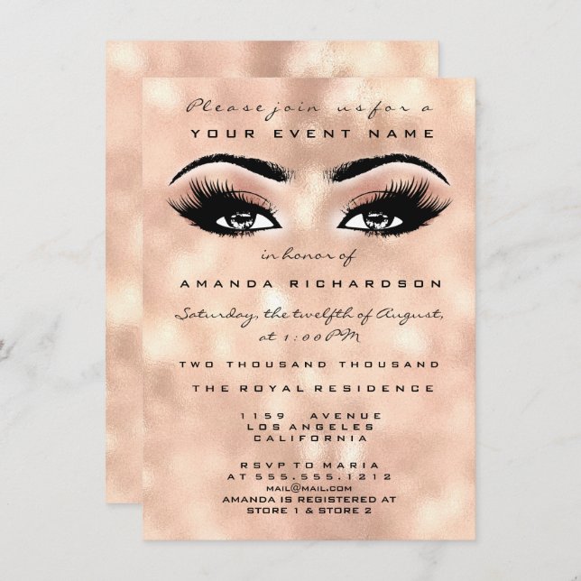 Blush Peach Makeup Glitter Eyes 16th Bridal Damask Invitation (Front/Back)