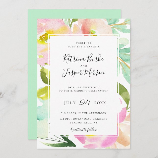 Blush Peach Mint Botanical Floral Wedding Invitation (Front/Back)