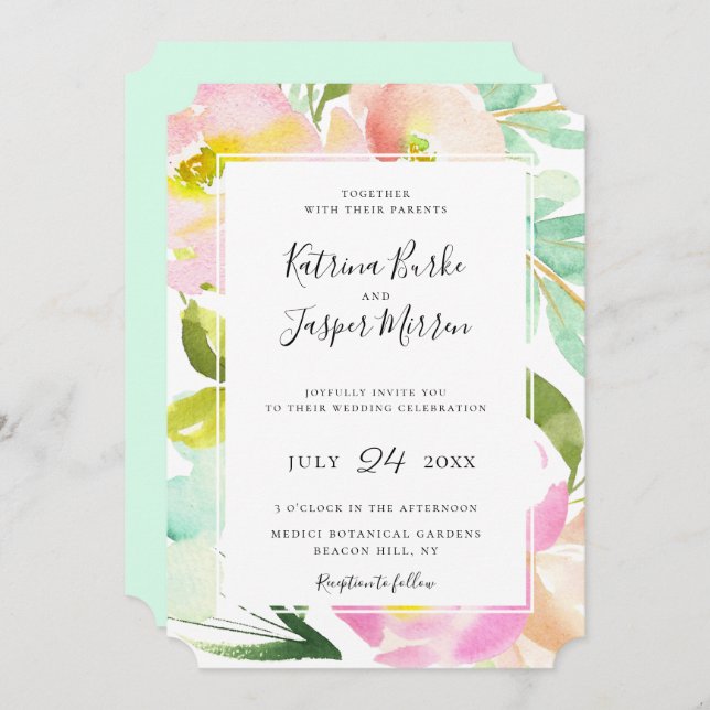 Blush Peach Mint Botanical Floral Wedding Invitation (Front/Back)