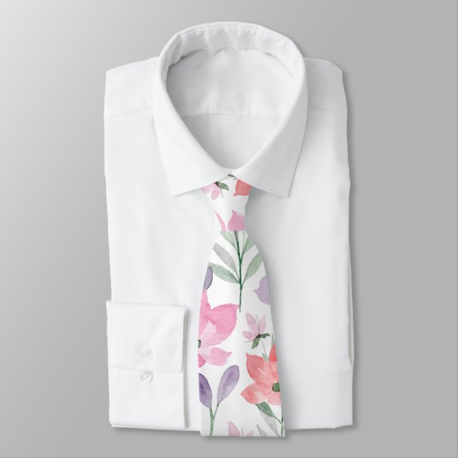 Blush Peach Modern Trendy Floral Pattern Wedding Tie (Tied)